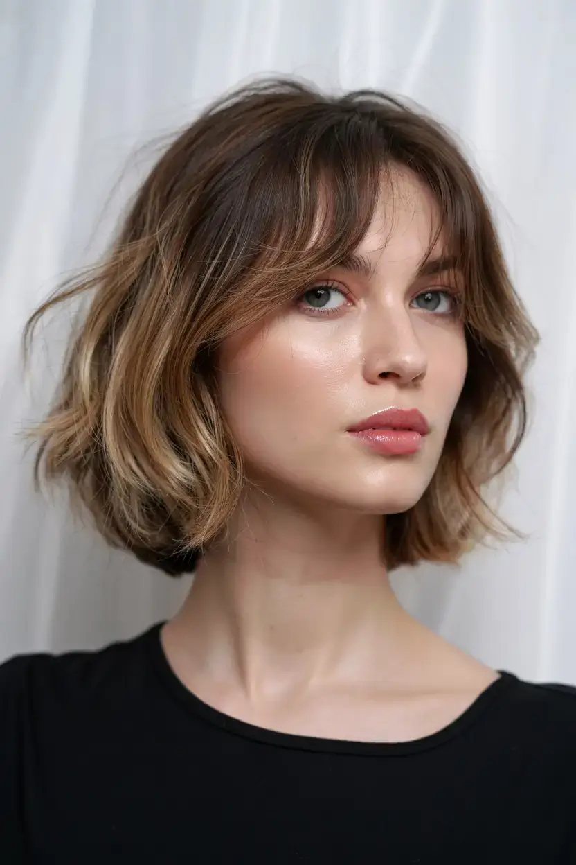 Choppy Bob Haircuts ideas 2026 French-Girl Fringe with Mocha Highlights