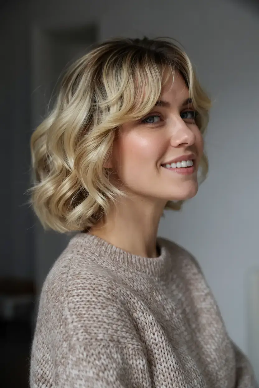 Choppy Bob Haircuts ideas 2026 Glossy Vanilla Curls with Curtain Bangs