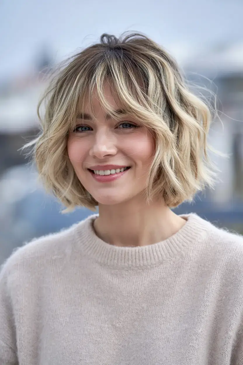Choppy Bob Haircuts ideas 2026 Chunky Champagne Layers with Feathered Fringe