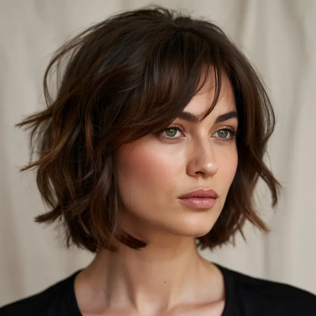 Choppy Bob Haircuts ideas 2026 Textured Chestnut Bob with Flipped Bangs