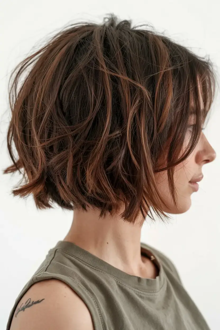 Choppy Bob Haircuts ideas 2026 Effortless Texture with Natural Auburn Hues