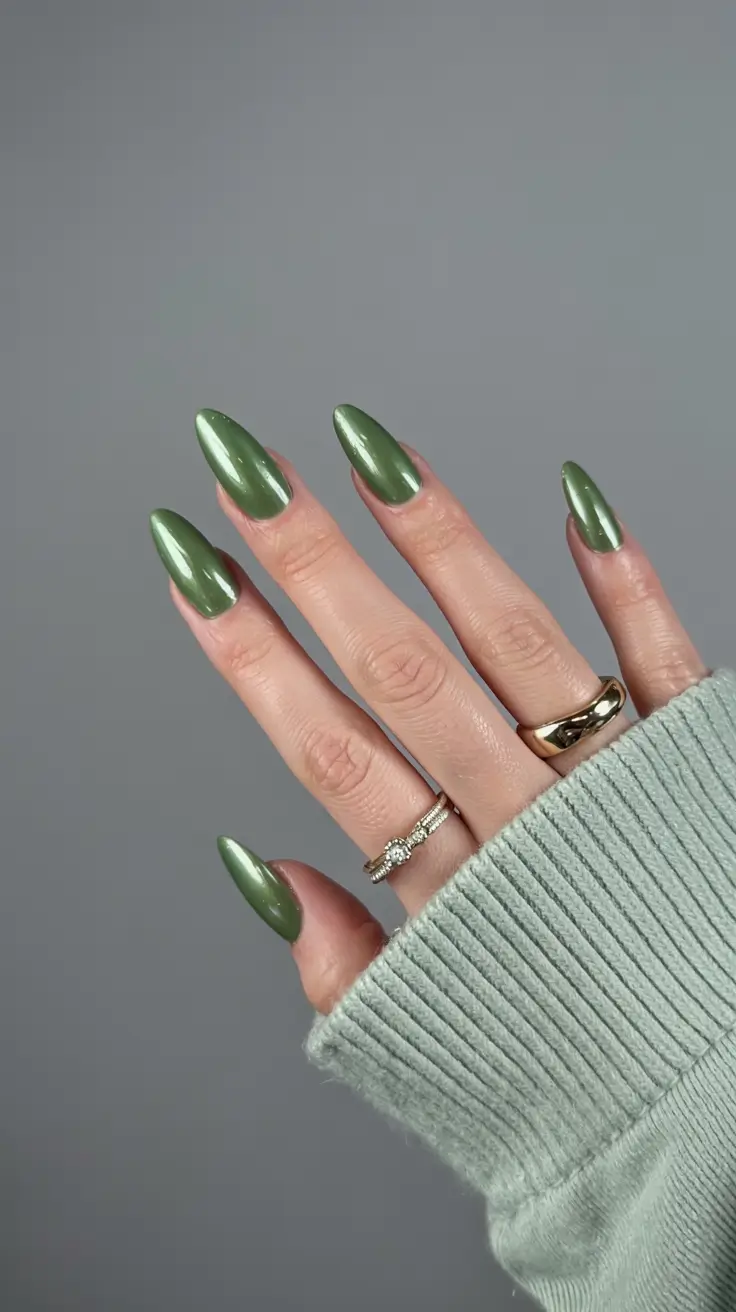 chrome nails 2026 Olive Green Mirror Chic