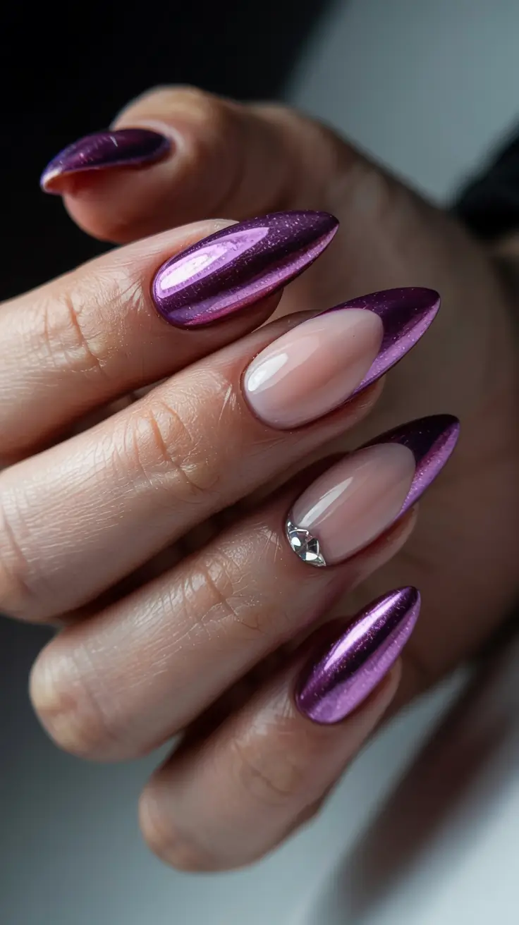 chrome nails 2026 Amethyst Galaxy Tips with Crystal Accent