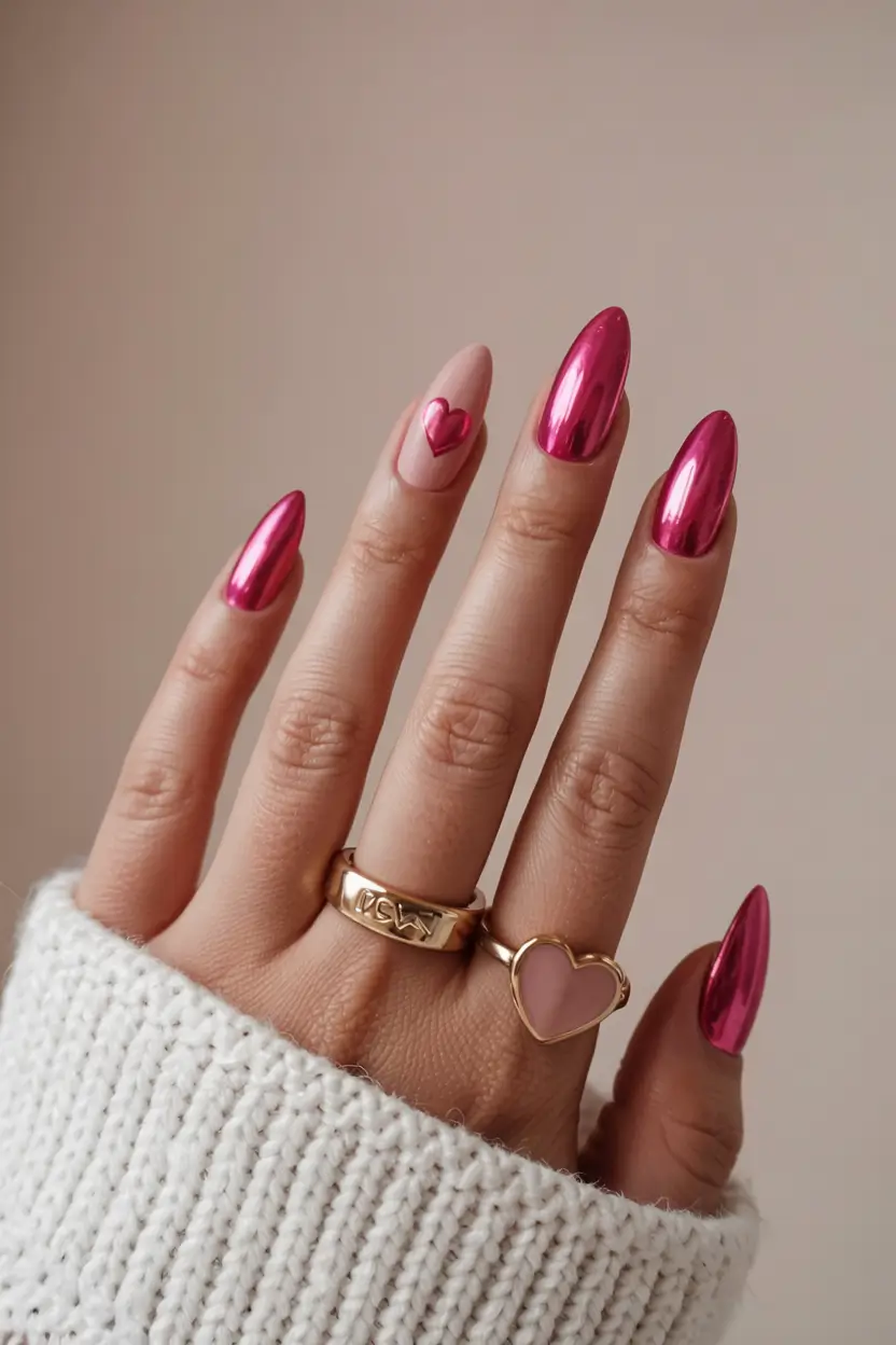 chrome nails 2026 Hot Pink Chrome & Heartbeat Accent