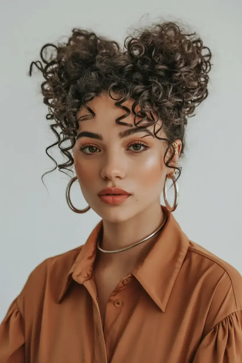 curly hairstyle ideas 2026 Dual Curly Buns With Bold Personality