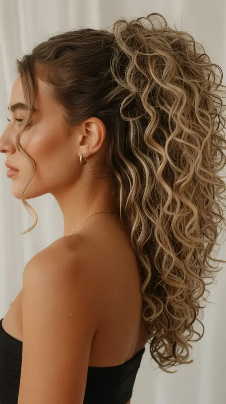 curly hairstyle ideas 2026 Ultra-Volumized Ponytail With Sandy Blonde Curls