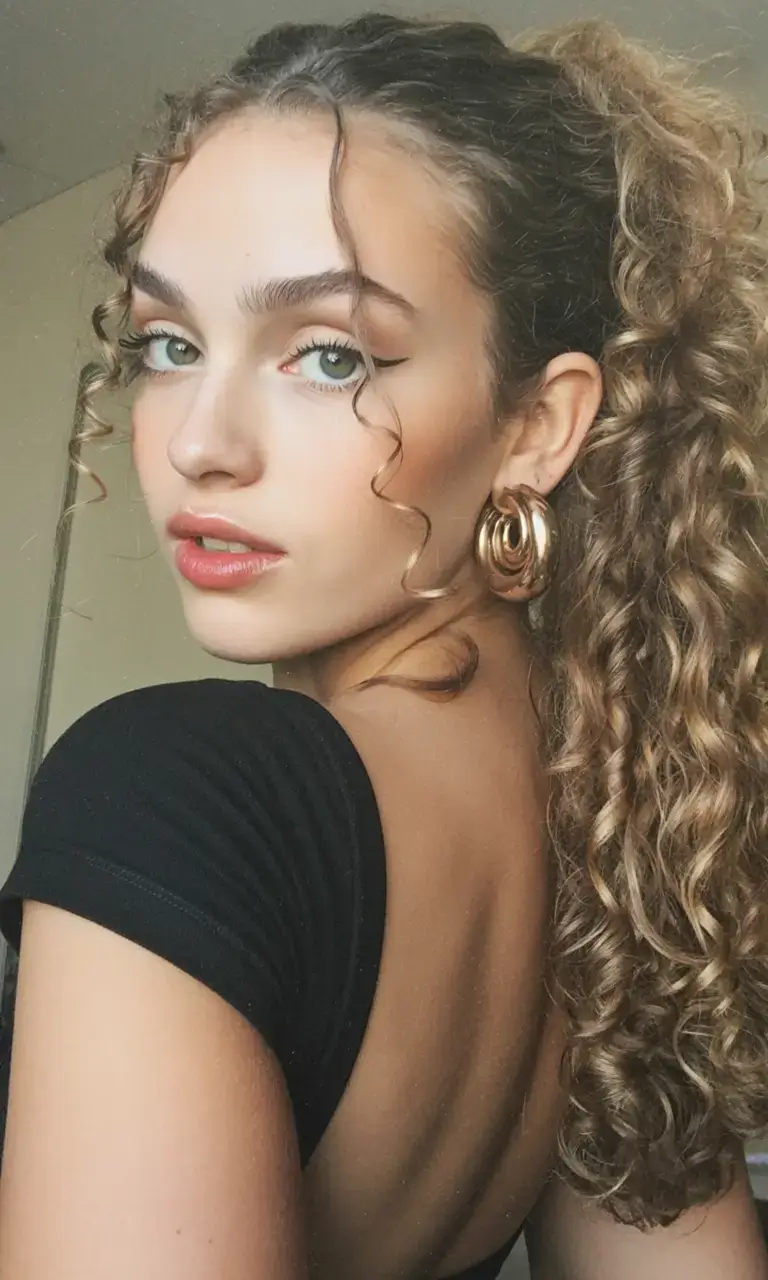 curly hairstyle ideas 2026 Sleek-Front Curls With Golden Shine