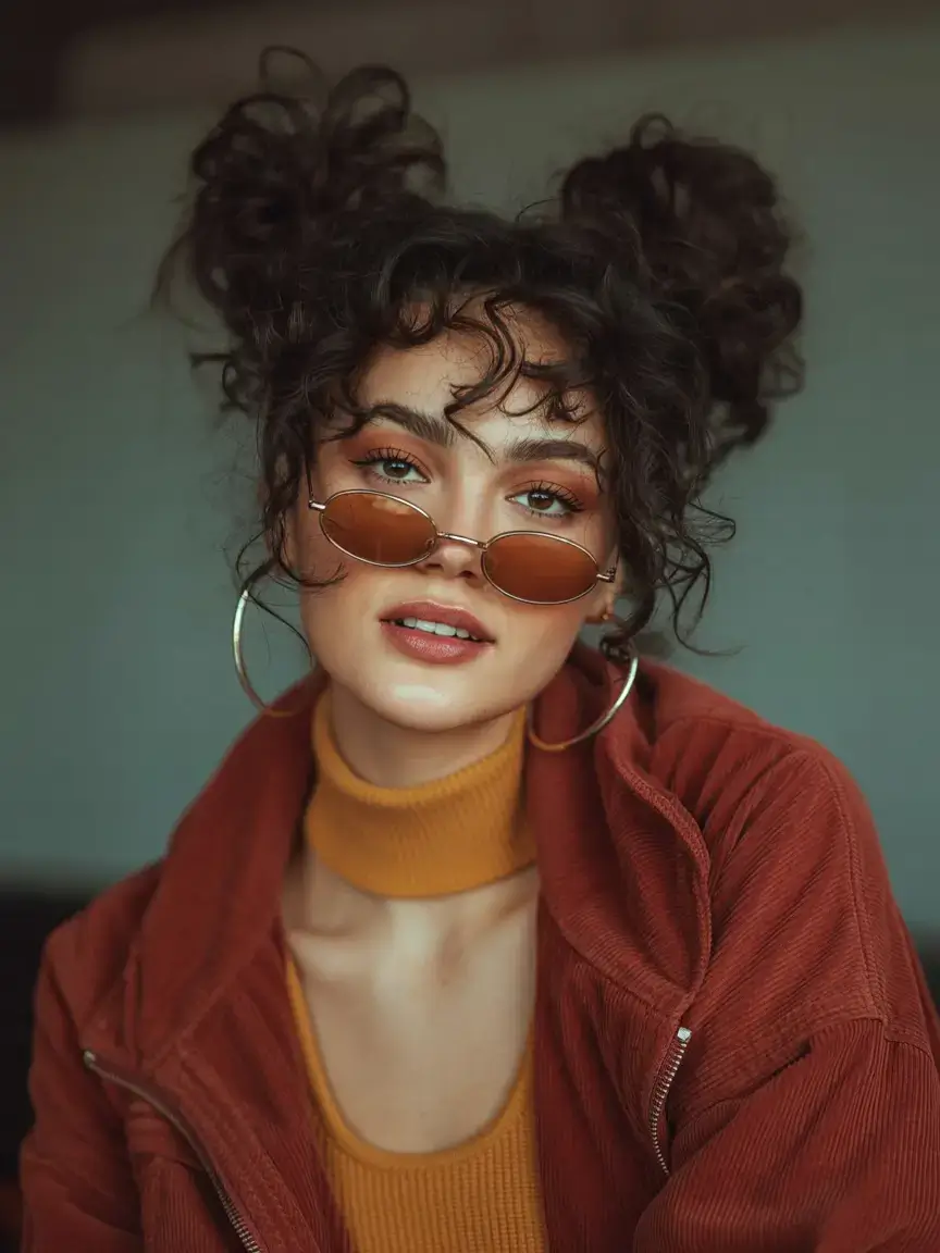 curly hairstyle ideas 2026 Messy Space Buns With Full Fringe Energy