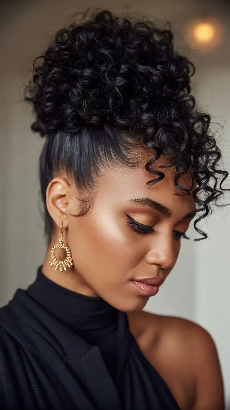curly hairstyle ideas 2026 Sculptural Puff With Clean Edges and Glam Vibes
