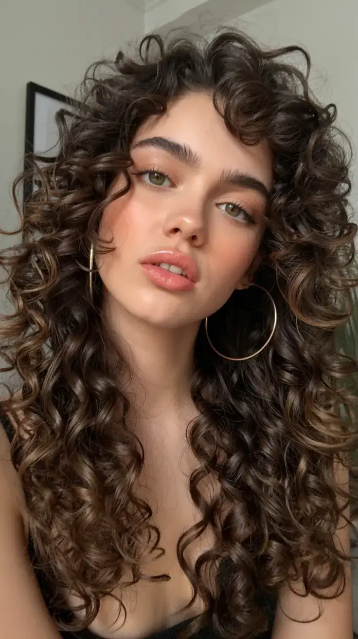 curly hairstyle ideas 2026 Full-Volume Curls With Sculpted Baby Bangs