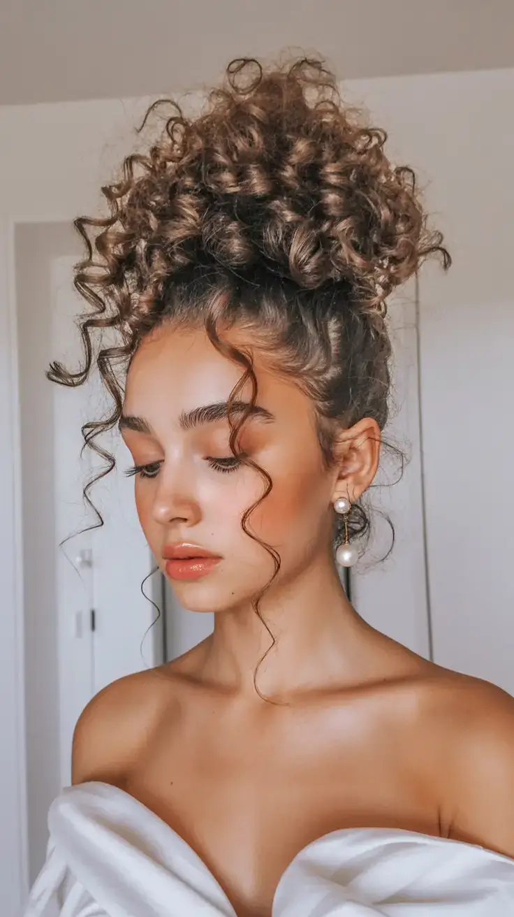 curly hairstyle ideas 2026 Sky-High Puff With Sculptural Tendrils