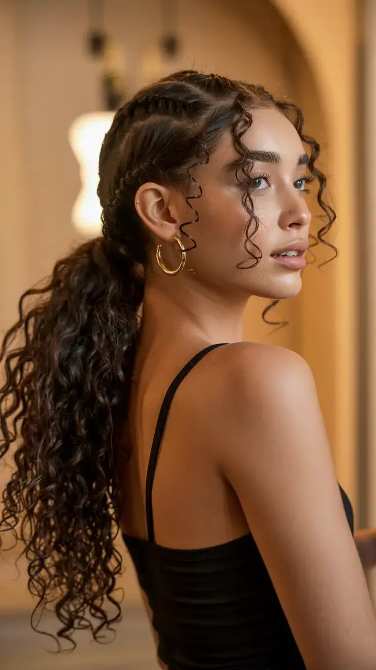 curly hairstyle ideas 2026 Cornrow-Inspired Braided Ponytail With Loose Curls