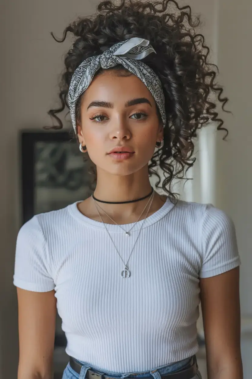 curly hairstyle ideas 2026 Retro Bandana Puff With Laid Edges