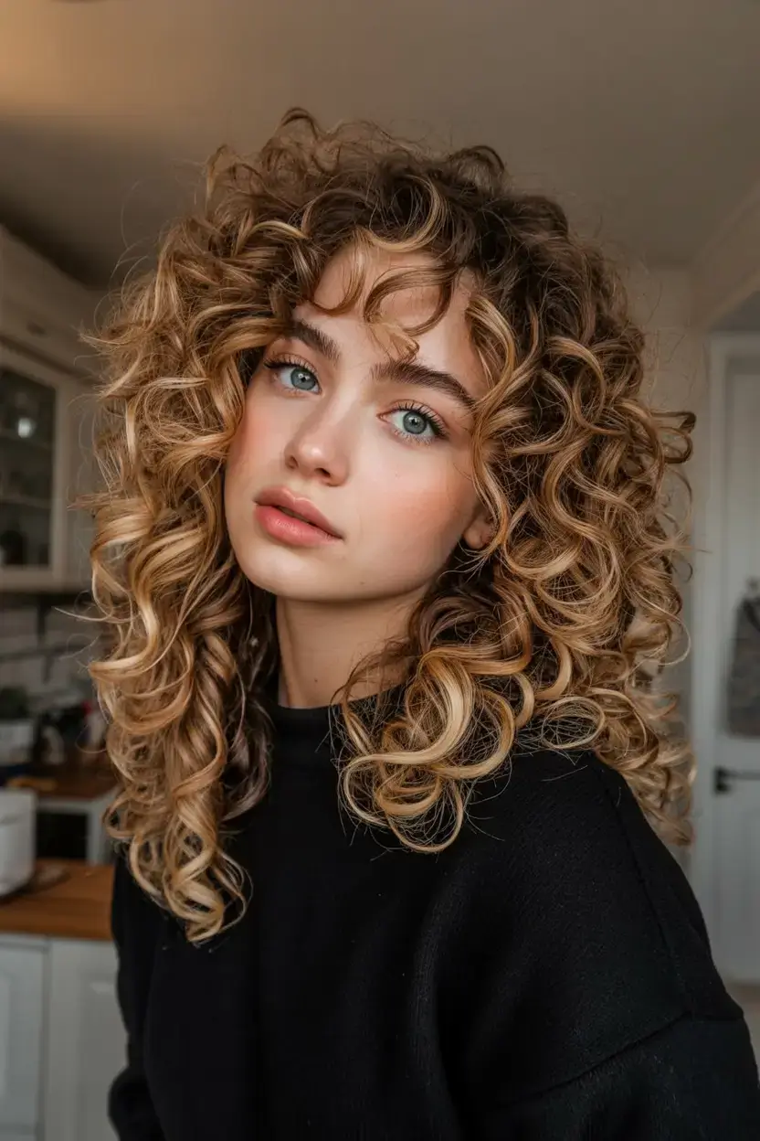 curly hairstyle ideas 2026 Golden Bronde Spiral Layers With Curtain Bangs