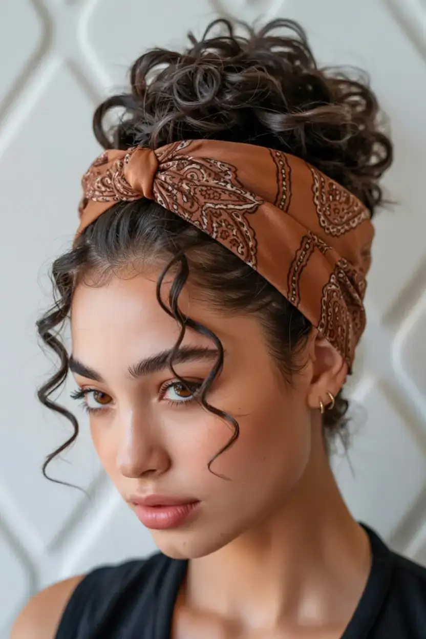 curly hairstyle ideas 2026 Bandana-Tied Power Puff with Defined Curls