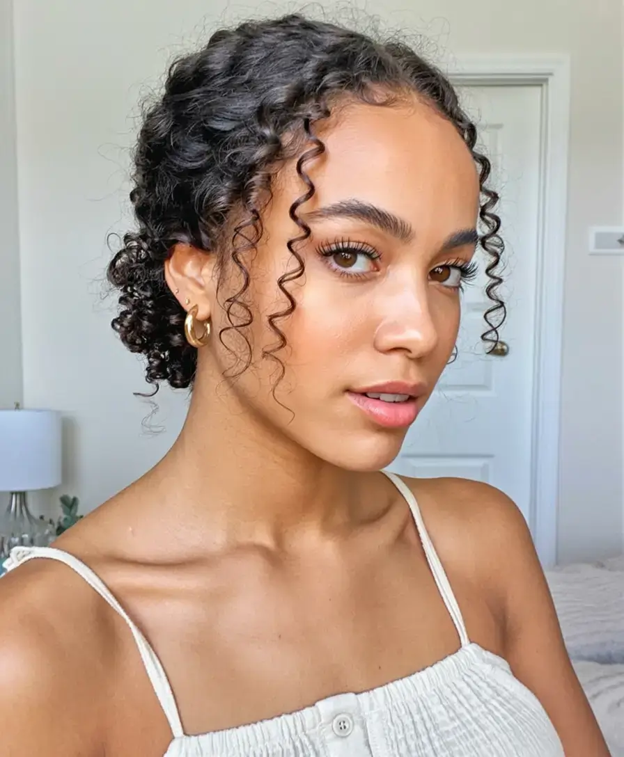 curly hairstyle ideas 2026 Elegant Low Bun With Face-Framing Spirals