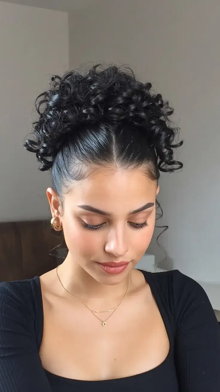 curly hairstyle ideas 2026 Ultra-Defined High Puff With Slicked Sides