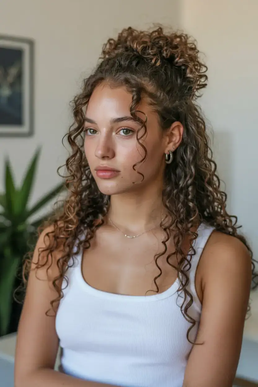 curly hairstyle ideas 2026 Soft Half-Up Crown With Cascading Curls