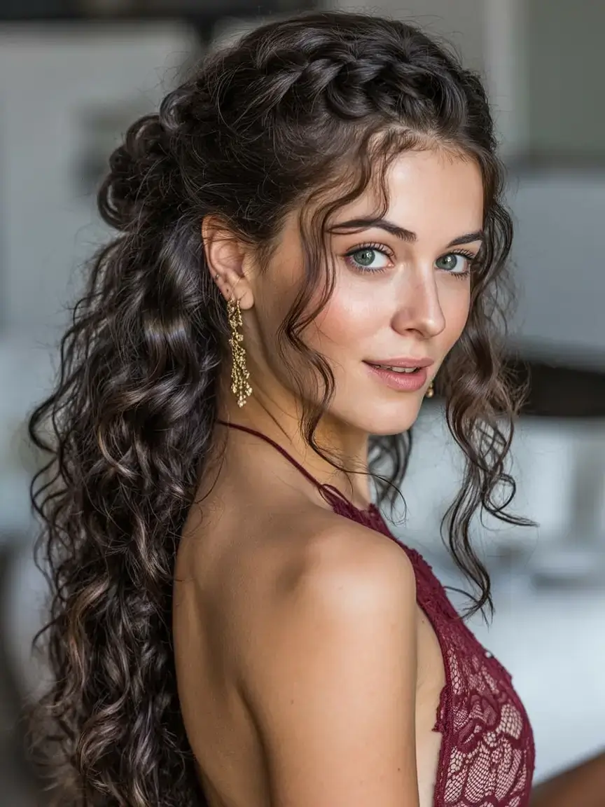 curly hairstyle ideas 2026 Romantic Braided Twist With Loose Waves