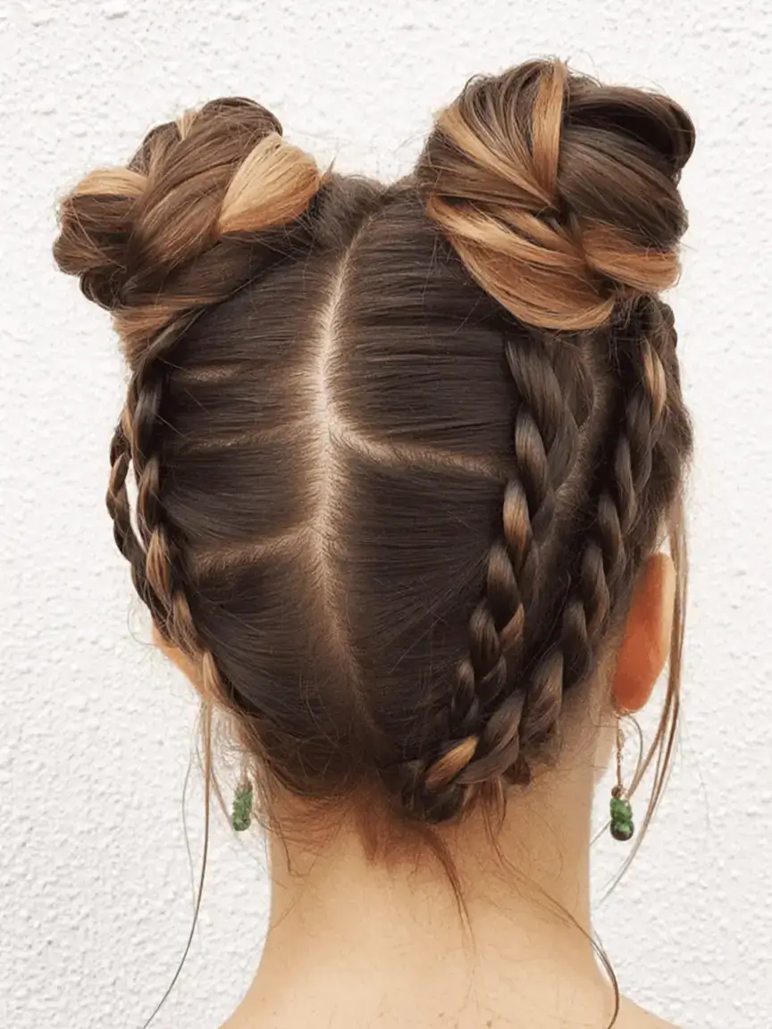 cute hairstyle ideas 2026+Space Buns with a Braided Base