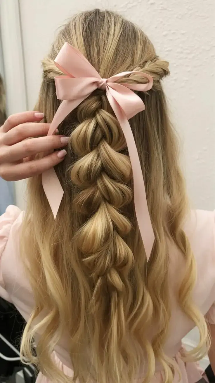 cute hairstyle ideas 2026+Bubble Braid & Blush Ribbon