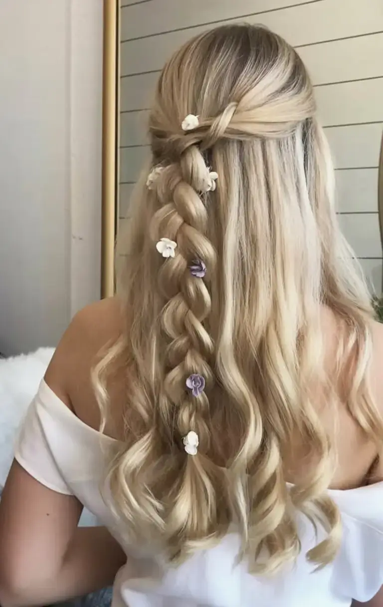 cute hairstyle ideas 2026+Whimsical Braid with Flower Pins