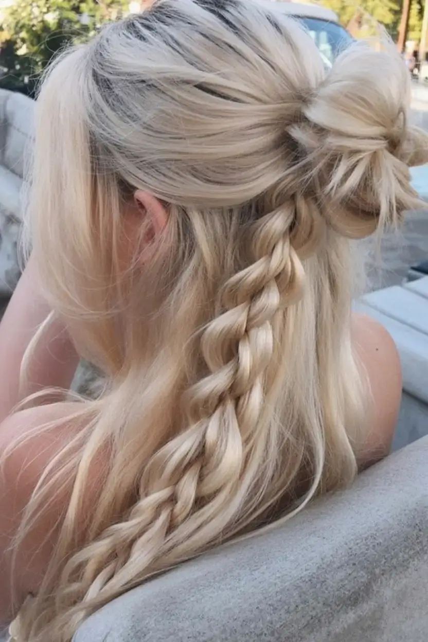 cute hairstyle ideas 2026+Messy Bun with a Braid Drop