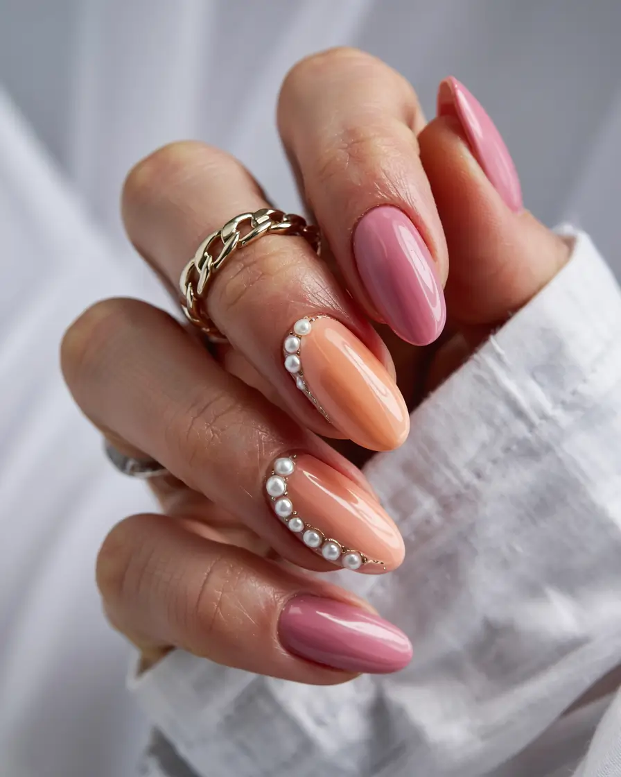 cute nails 2026 Peachy Pearls and Rosy Layers