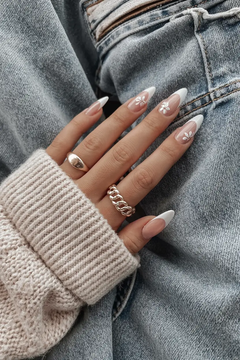 cute nails 2026 Daisy French Tips With Jeans Energy