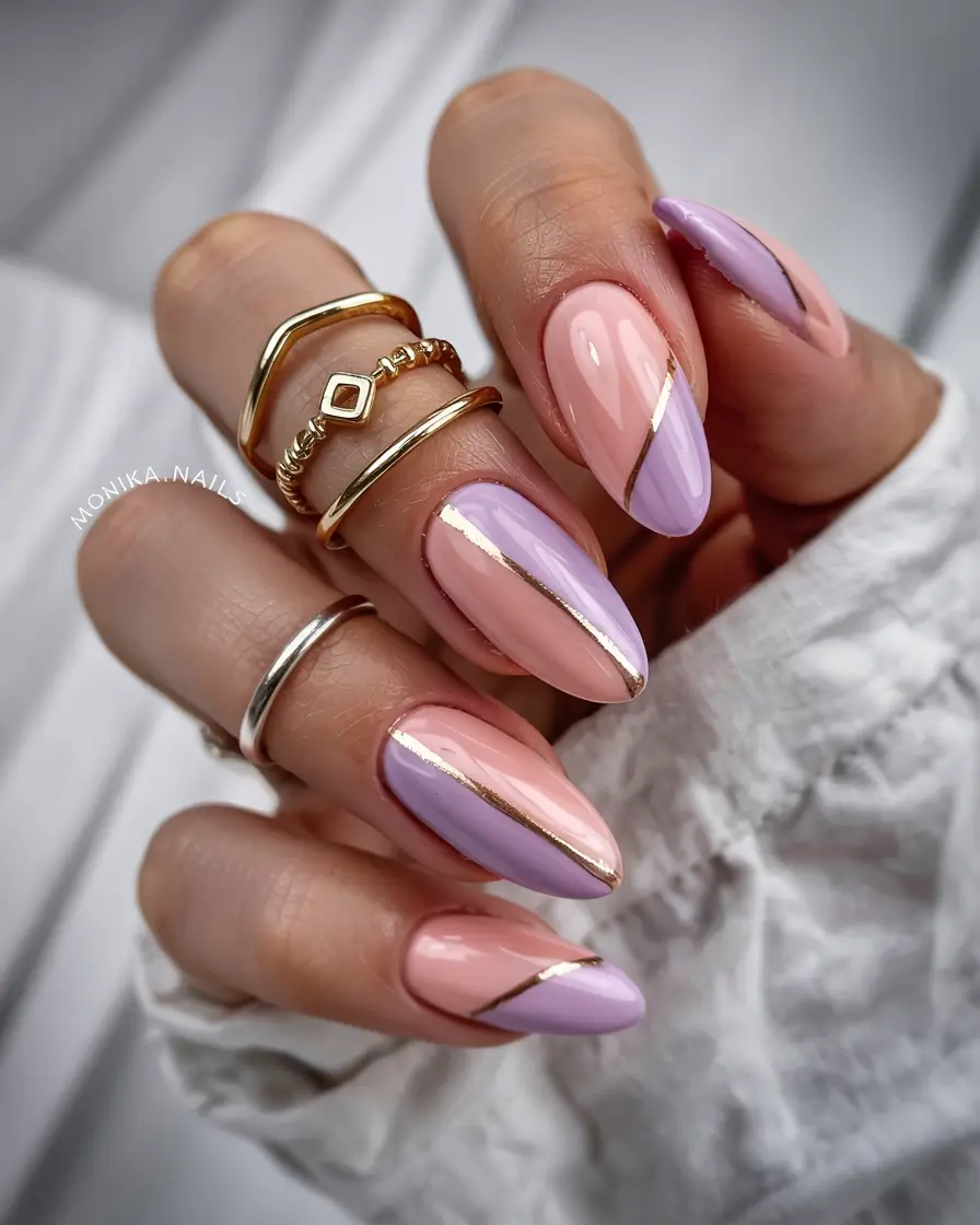 cute nails 2026 Peachy Lilac Diagonals With Gold Lining