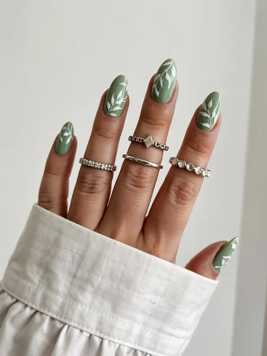 cute nails 2026 Matte Olive With Delicate Leaves