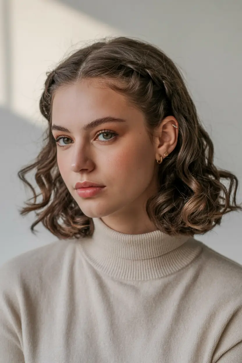 easy hairstyle ideas 2026+Soft Braided Crown on Short Curls