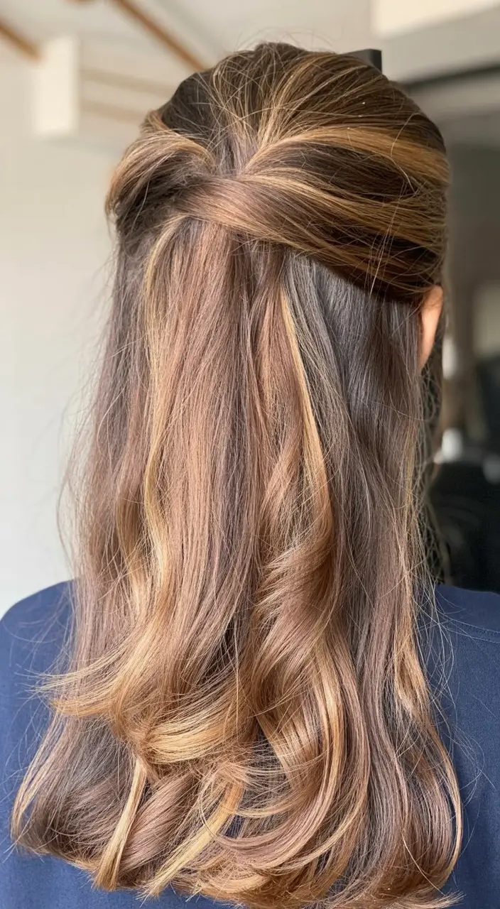 easy hairstyle ideas 2026+Half-Twist with Subtle Waves and Highlights