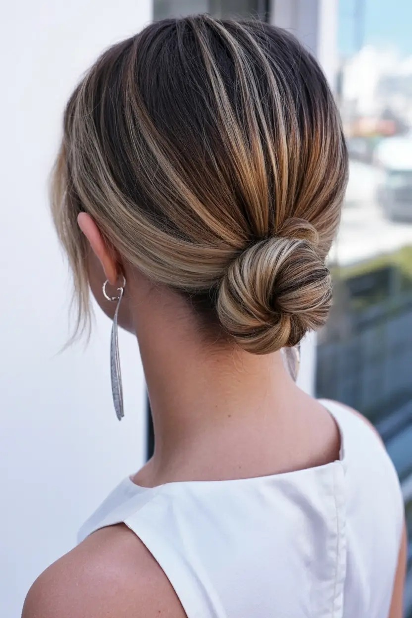 easy hairstyle ideas 2026+Chic Low Bun with Sleek Dimension