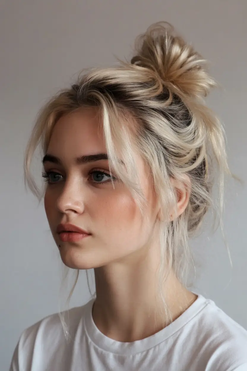 easy hairstyle ideas 2026+High Bun with Wispy Fringe