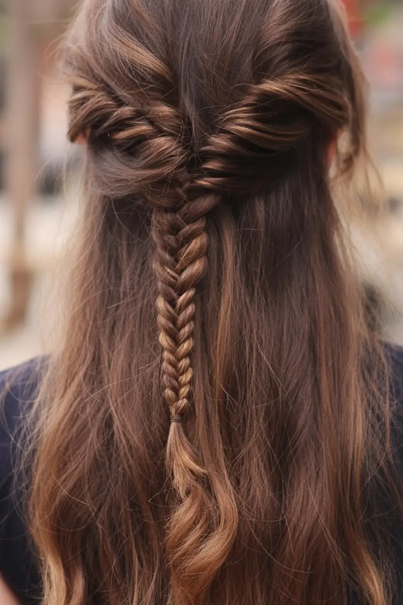easy hairstyle ideas 2026+Twist-Into-Fishtail Half Up