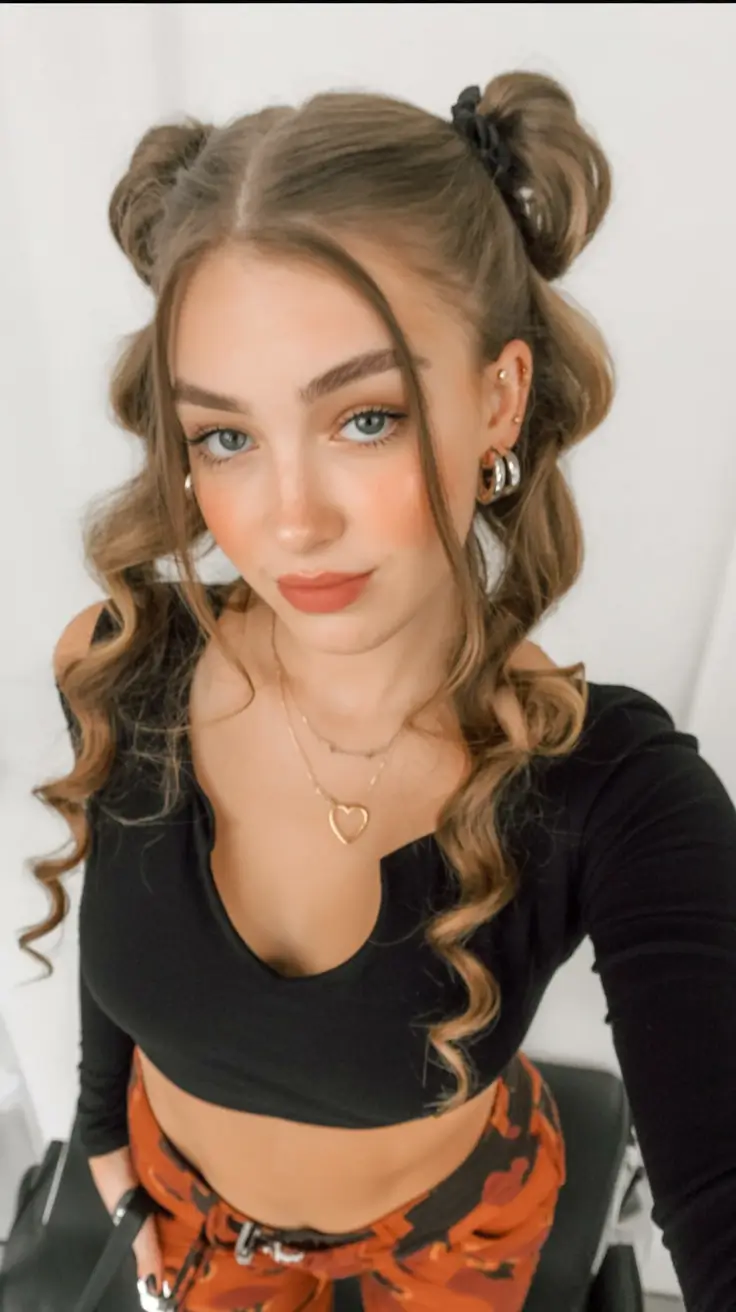 easy hairstyle ideas 2026+Space Buns with Defined Curls