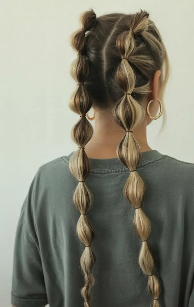 easy hairstyle ideas 2026+Bubble Braids with Chunky Highlights