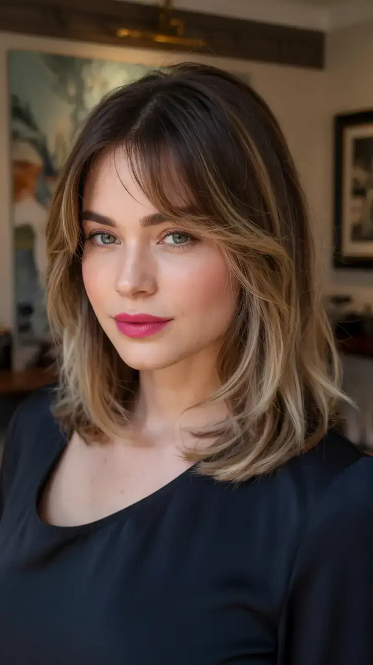 Fat Face Haircuts ideas 2026+Shoulder-Grazing Blonde with Bottleneck Bangs