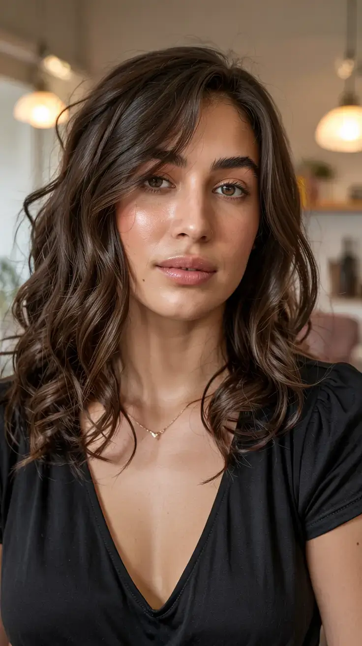 Fat Face Haircuts ideas 2026+Effortless Mid-Length Waves with Long Curtain Bangs