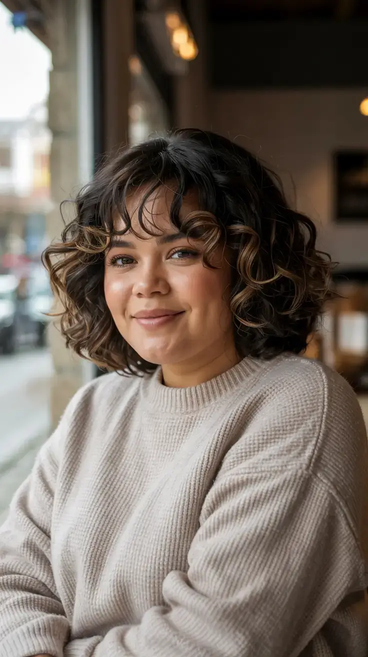 Fat Face Haircuts ideas 2026+Full Volume Bob with Curly Bangs