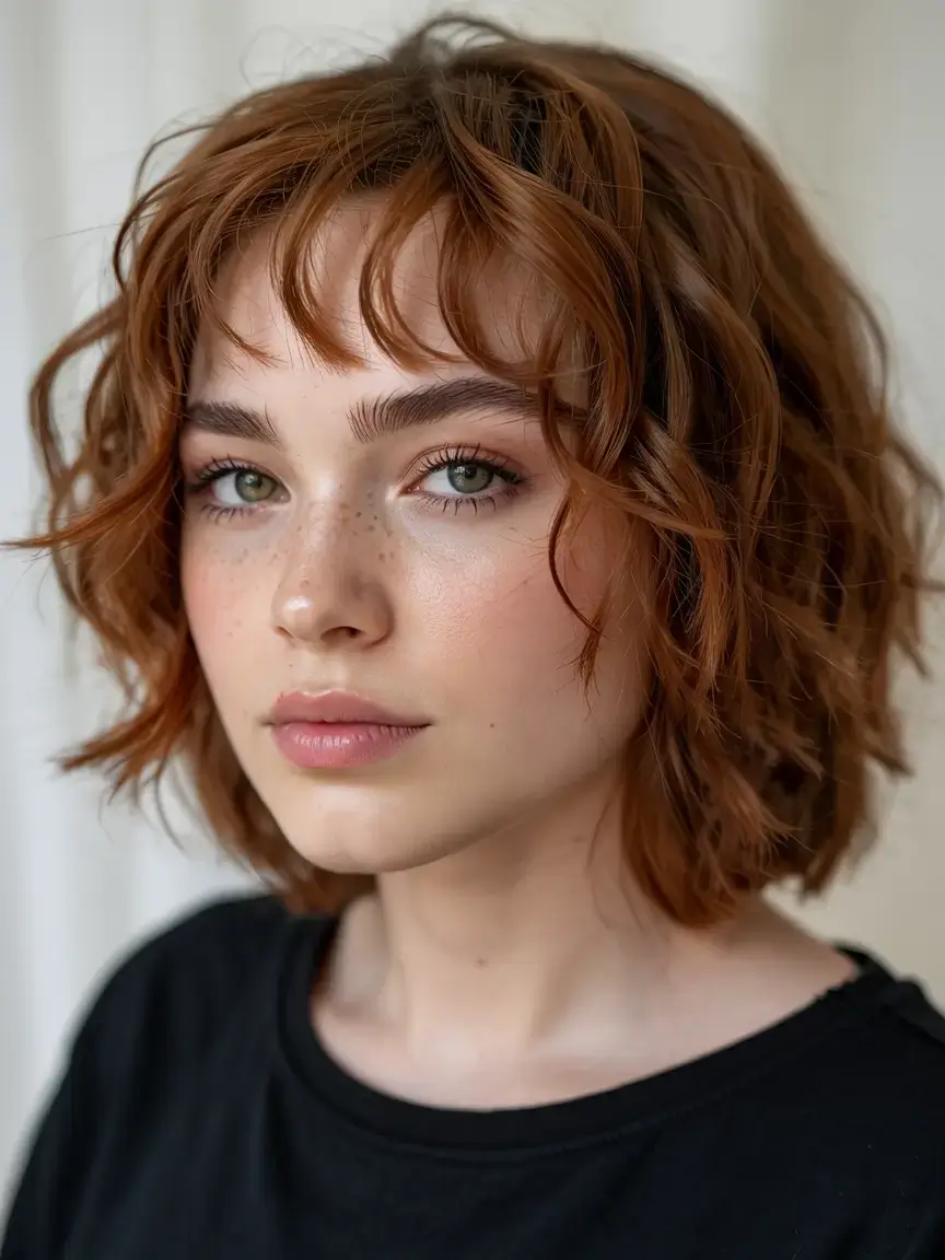 Fat Face Haircuts ideas 2026+Copper Curly Bob with Micro Fringe