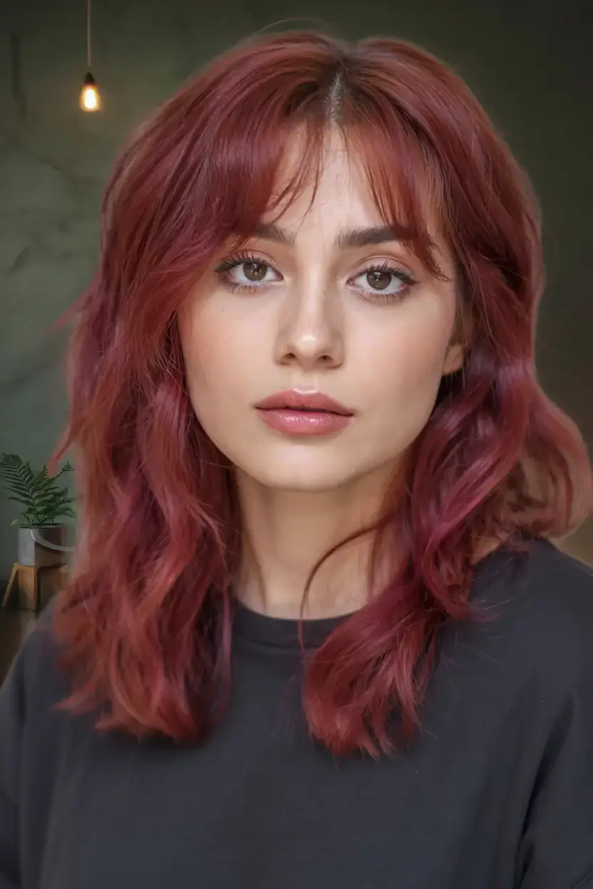 Fat Face Haircuts ideas 2026+Face-Opening Merlot Layers with Bottleneck Bangs