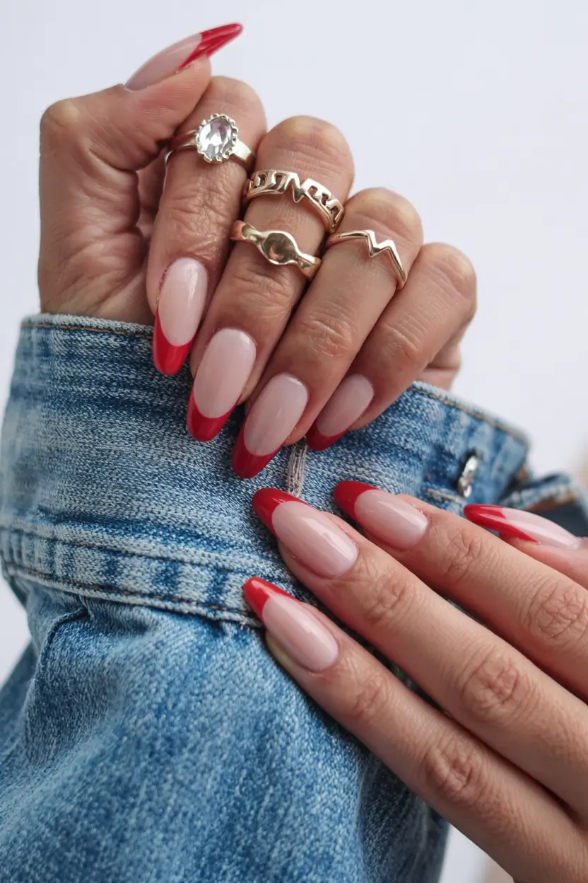 french nails 2026 Cherry-Tipped French in Denim Days