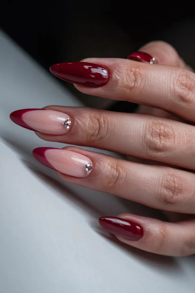 french nails 2026 Crimson Hearts with a Glossy Finish