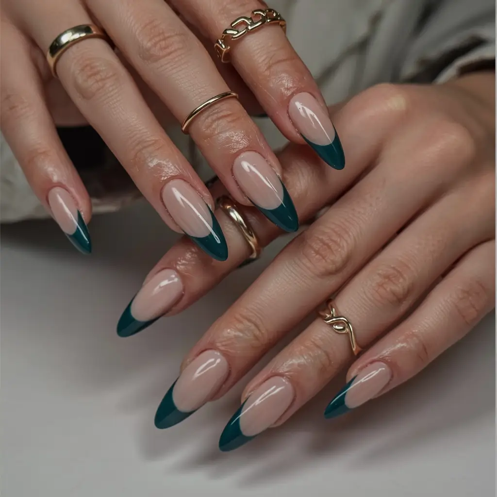 french nails 2026 Deep Teal Almonds with Clean Vibes