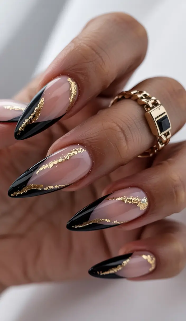 french nails 2026 Black and Gold French with Liquid Luxe Vibes