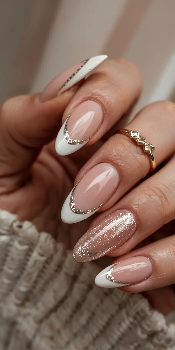 french nails 2026 Silver-Trimmed Elegance with a Hint of Glitter