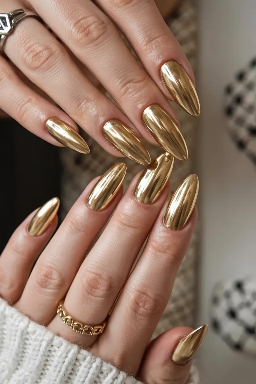 gold nails 2026 High-Shine Golden Almonds with Editorial Energy