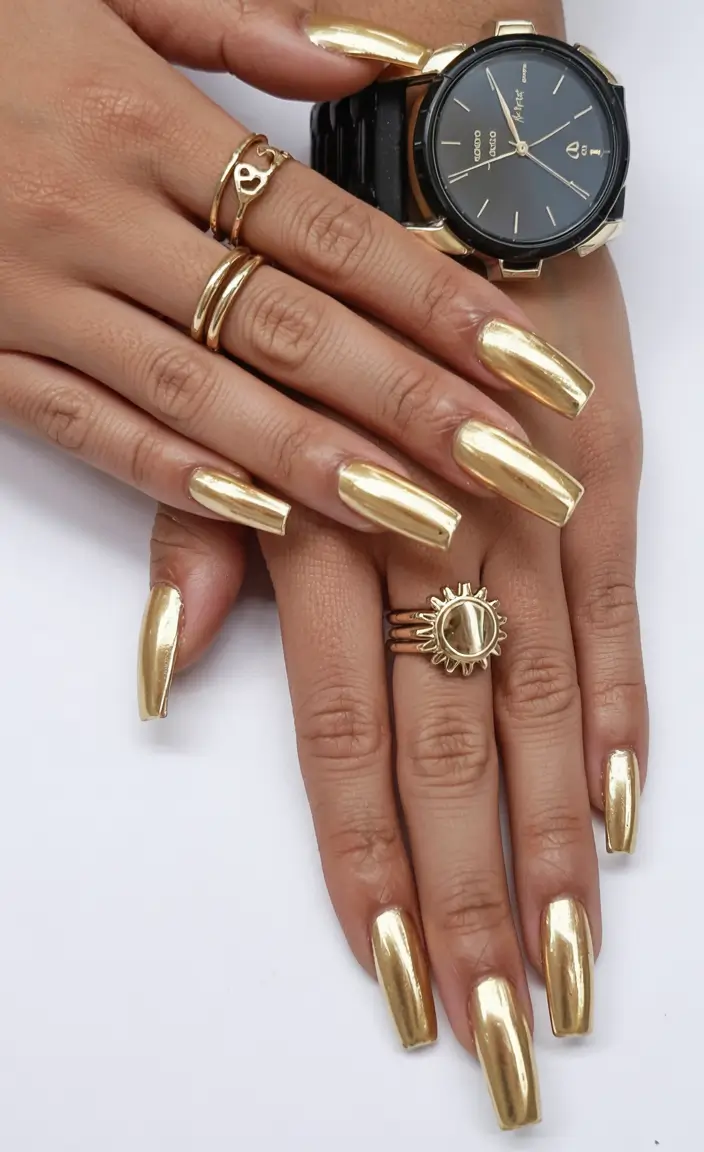 gold nails 2026 High-Gloss Square Tips in True Gold Foil